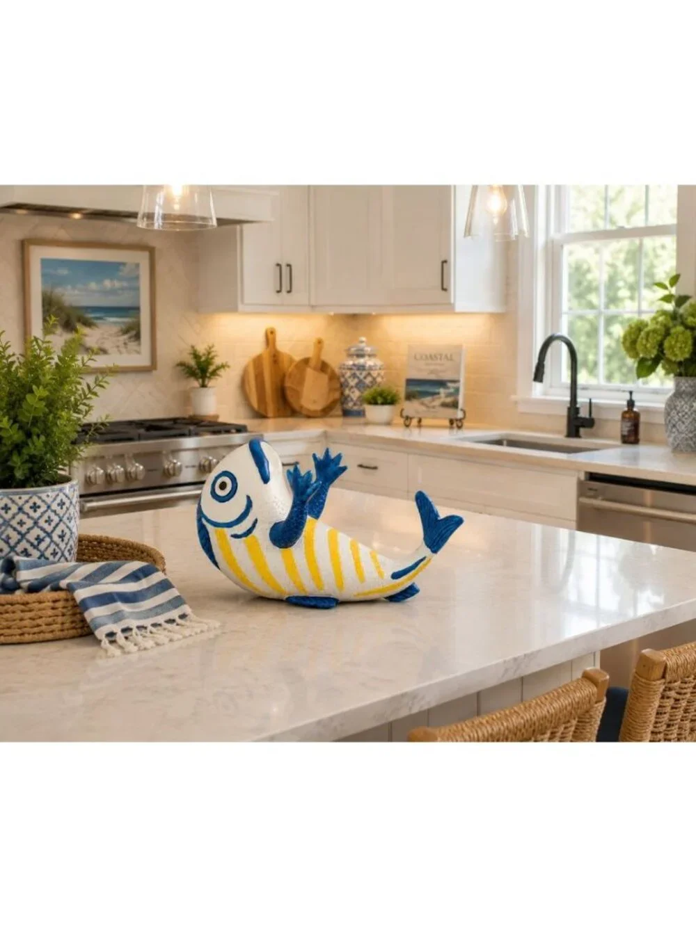 New Blue Yellow Funny Tropical Fish Wine Bottle Holder Coastal Beach House Bar